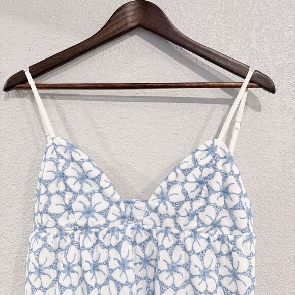 Milly Evelyn Tiered Eyelet Mini Dress Blue Floral Embroidered Spaghetti Straps - Picture 4 of 13